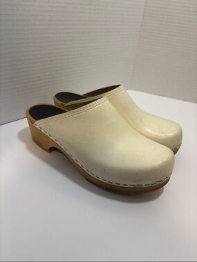 Vintage 70s Style Wood Clogs Trolls Made in Sweden Cream Leather Womens Size 6